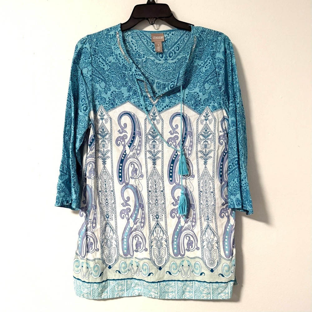 Chicos Womens Blue Paisley Cotton Tunic Top Sequin V-Neck Tassel Size 1 Medium - Picture 15 of 15